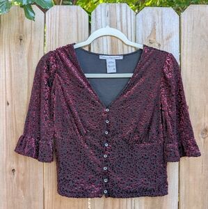 American Rag Crimson Maroon Red And Black Floral Velvet Button-Up Top